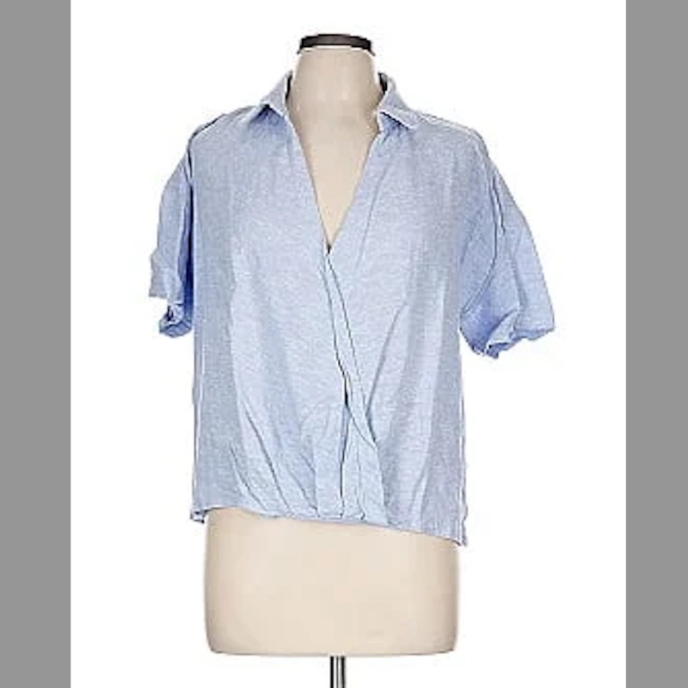 Cable & Gauge Blue Linen‎ Blend Faux Wrap Top XL